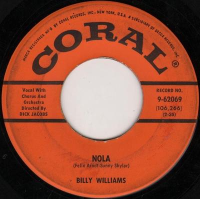 7-Zoll Schallplatte BILLY WILLIAMS - Nola / Tied To The Strings Of Your  962069 Coral 1959 US Pop Gebraucht