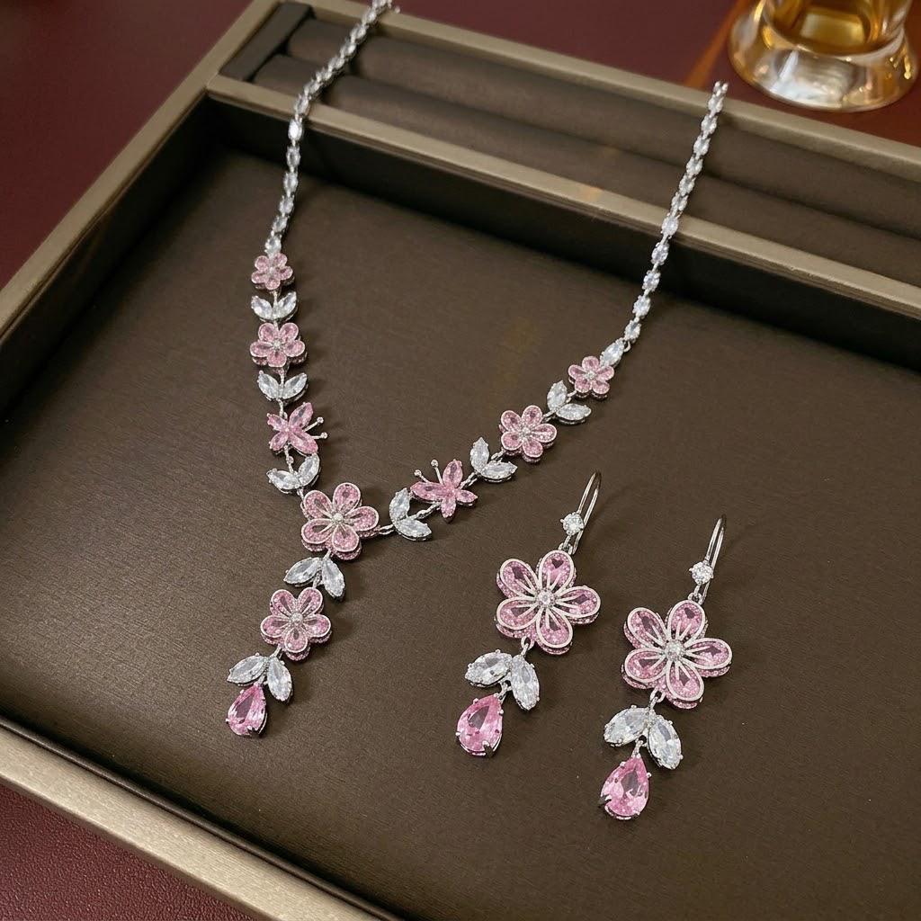 European-American Style Zircon Light Pink Necklace & Plum Blossom Earrings Set