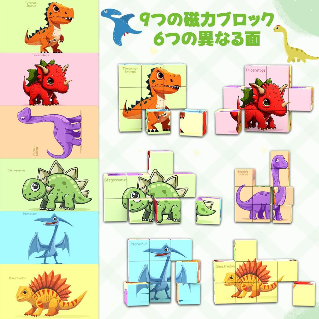 VIXA Magnetic Building Blocks, Educational Toy, Space, Ocean, Fruits, Vegetables, Dinosaurs, Animals, Transportation Tools Series, 9 Pieces with 6