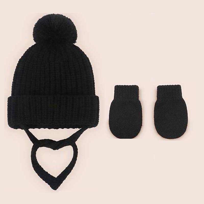 2Pcs Baby Strickmützen Handschuhe Niedliche Kinder Haarballenmütze Gehörschutzkappe Herbst Winter Einfarbig Säugling Outdoor Zubehör Set