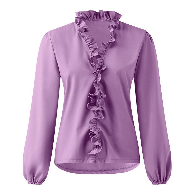 Tooxika New Large Size Women's Long Sleeve Tops V-neck Solid Color Ruffled Shirt
