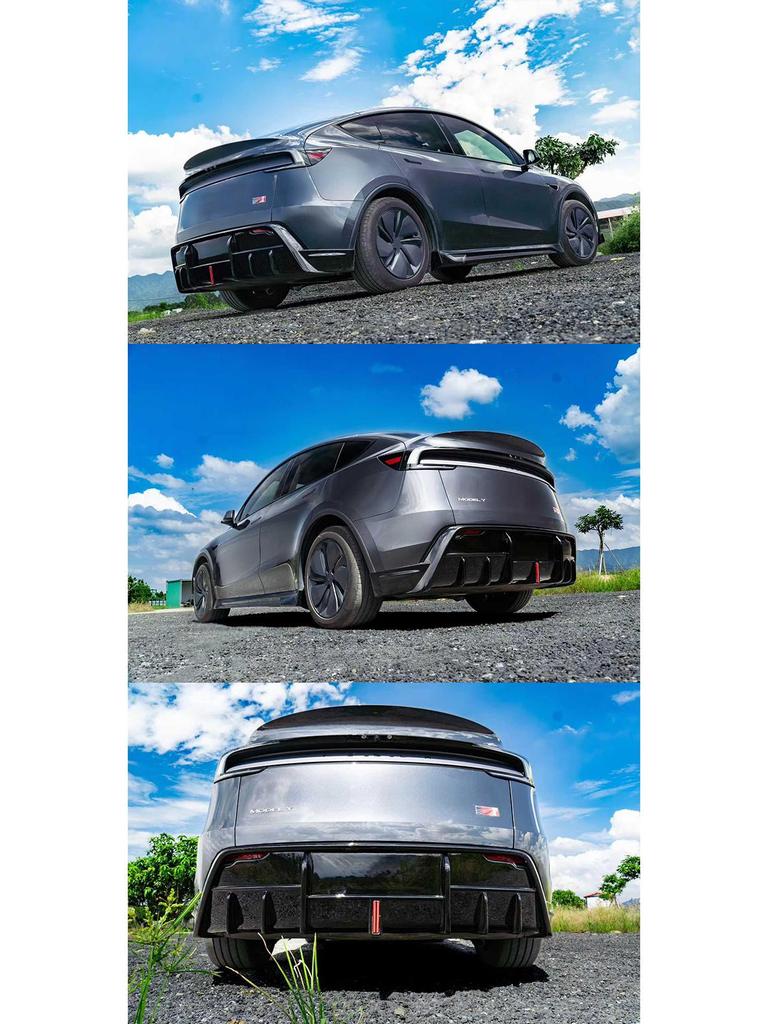 Gloss Black Front Lip & Side Skirts with Lights for 2025 Tesla Model Y Facelift, Includes Rear Lip, Front Splitter & Rear Diffuser.