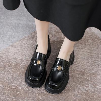 Flacher Mund Kamelien-Stil Student Muffin kleine Lederschuhe dicker Absatz Plateau einzelne Schuhe Frauen