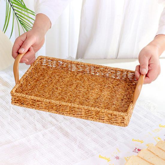 Rattan Braided Serving Tray with Handles Hollow Out Drainage Stable Smooth Edge No Deformation Home Fruit Snack Tea Cups Bread Serving Pallet Holder