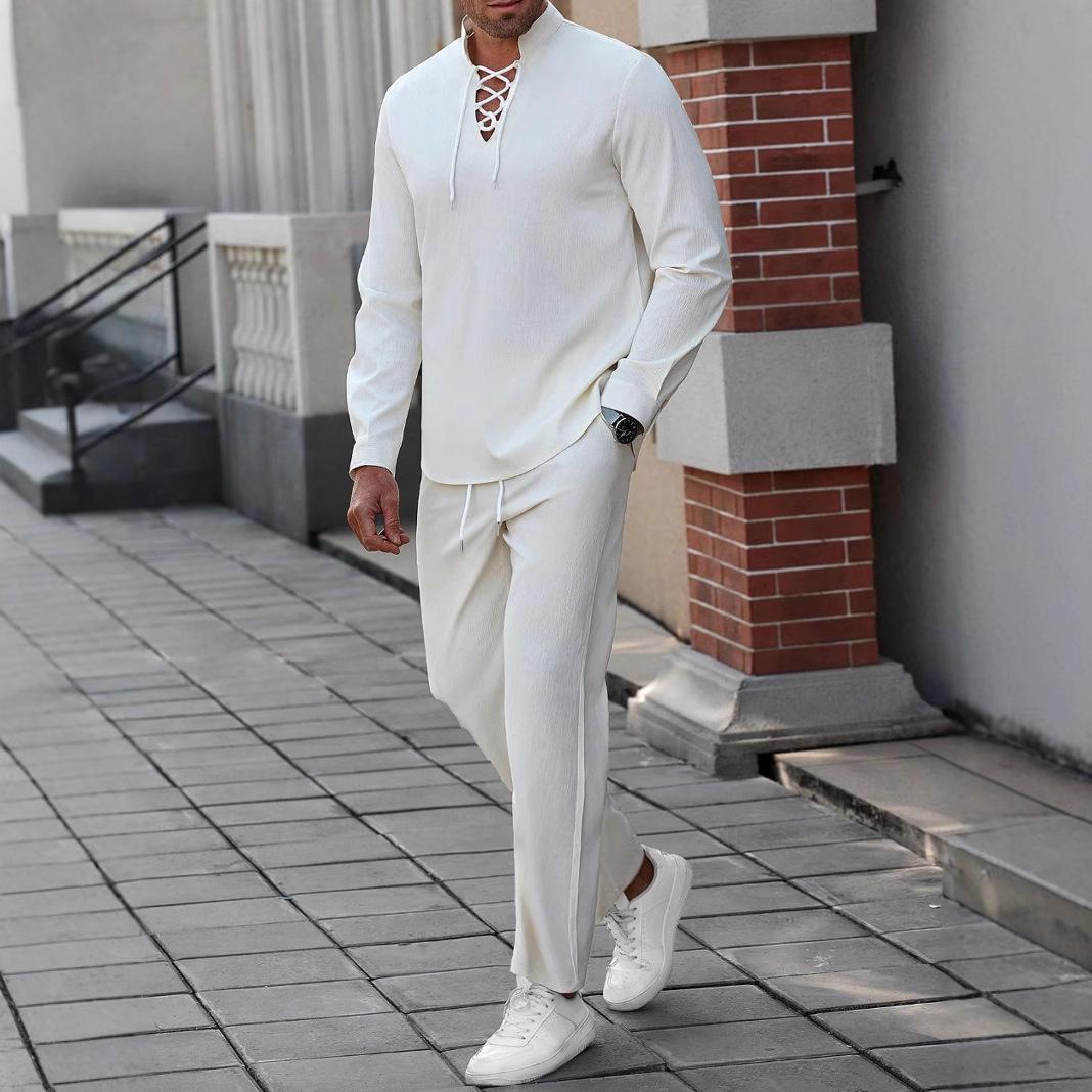 

Men s Henry Shirt Casual Beach Stand Up Collar Chest Tie Solid Color High Rise Shirt Pants Set 3XL білий