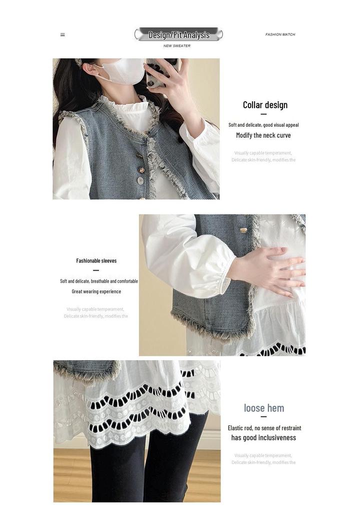 Spring 2026 Tassel Denim Vest & Korean Lace Patchwork Shirt Two-Piece Set