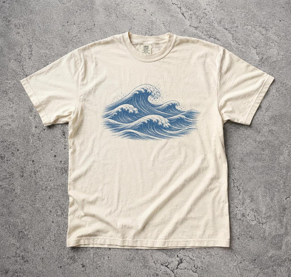 Vintage Ocean Waves Graphic Tee, Comfort Colors Coastal Sailing Shirt