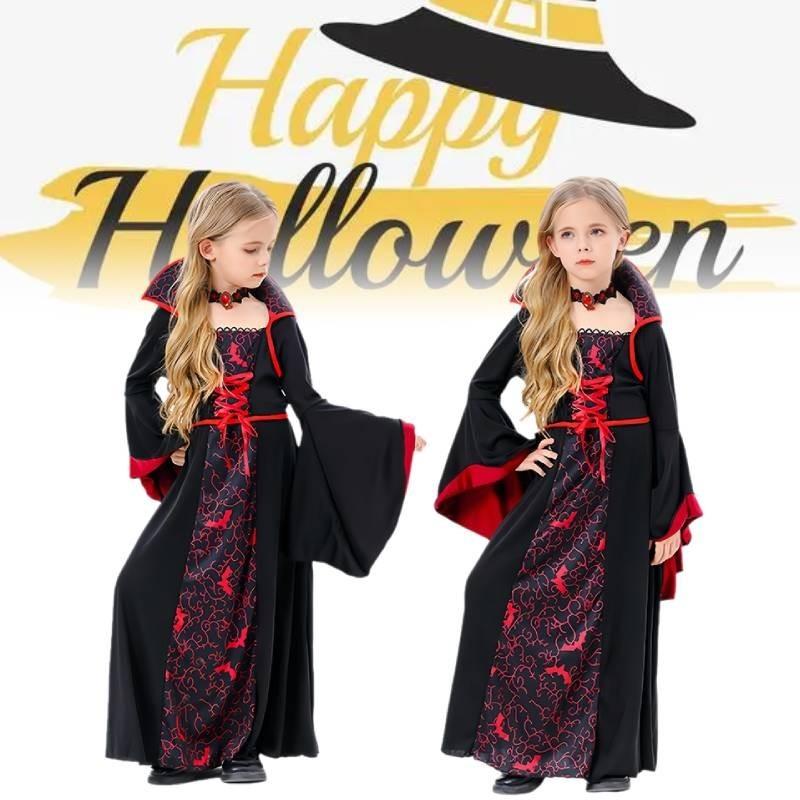Girl Vampires Halloween Costume Set Party Show Clothes Cosplay Black Red Dress