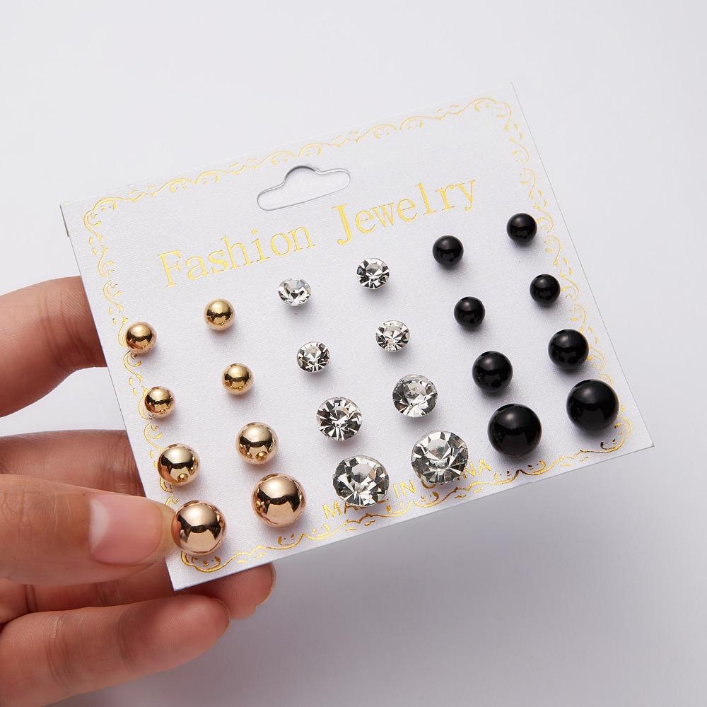 12 Pairs/set Classic Crystal Stud Earring Sets Women's Round Ball Metal Pearl Flower Earrings For Women Girl Gift Mixed Jewelry