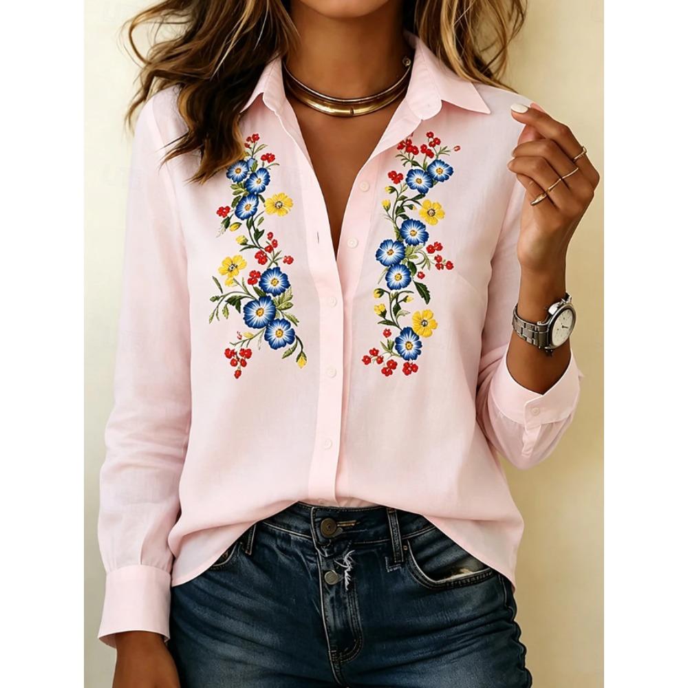Floral Print Women Blouse Spring Autumn Femme Office Lady Button Up Turn Down Collar Shirts