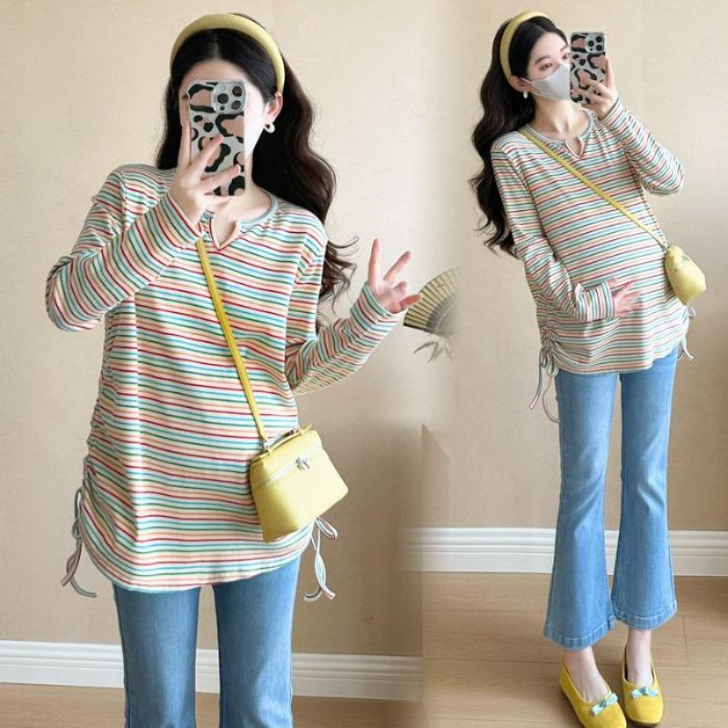 

Рубашка для беременных осень новая футболка с длинным рукавом для беременных большого размера свободная в полоску модный тонкий топ 3XL зелёный