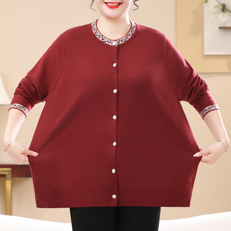 Plus Size Women Button Knit Cardigan for Elderly Ladies Round Neck Long Sleeve Casual Sweater Outerwear