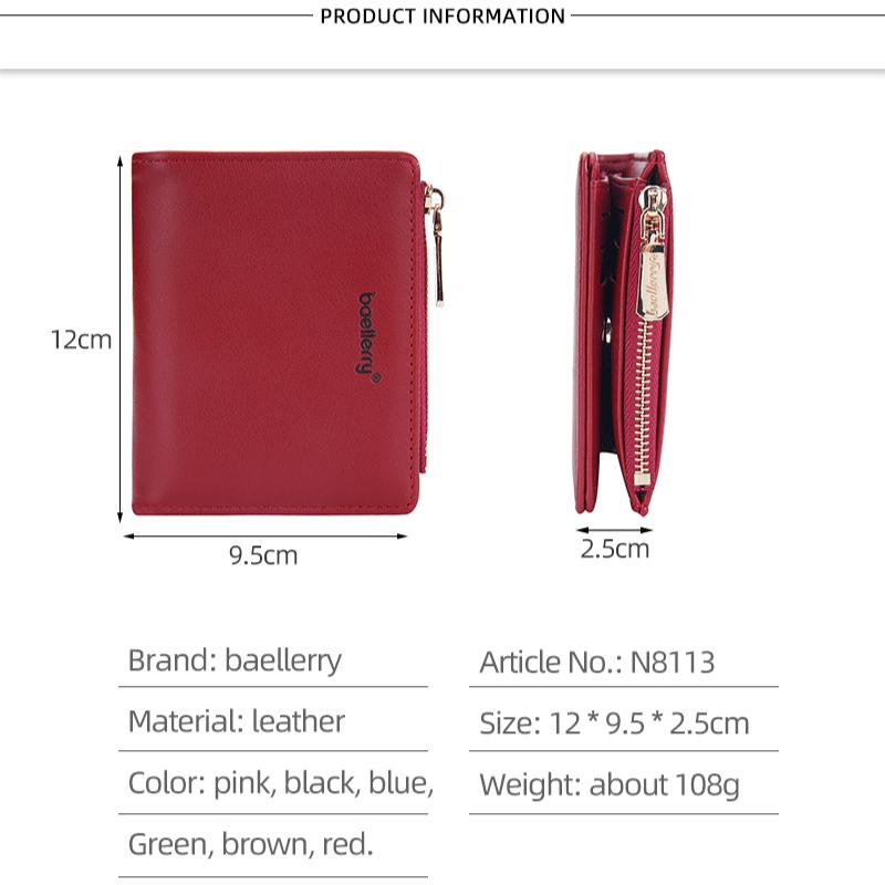 Baellerry Women's Short Purse Pu Leather Wallet Zipper Coin Purse Snap Button Billfold Simple Fashion Card Holder