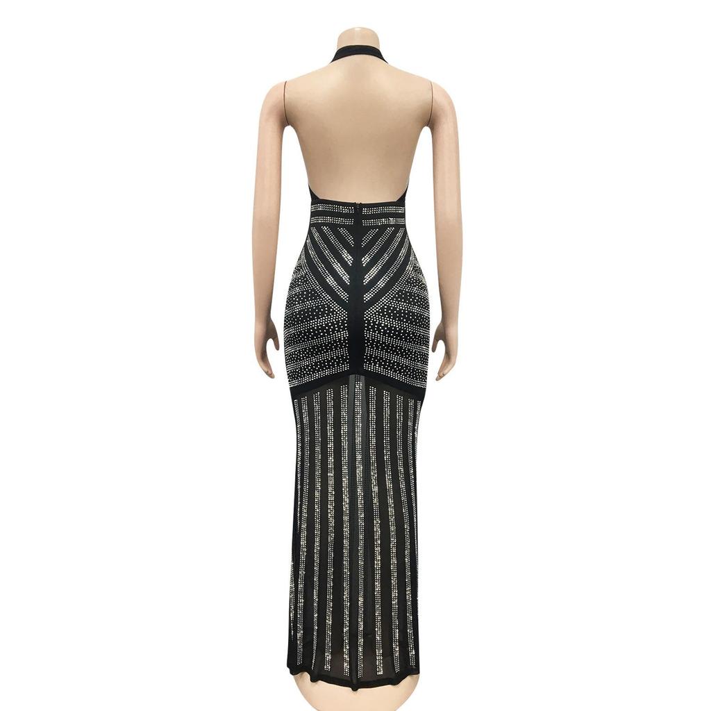 X3816 European Fashion Sexy Deep V Backless Rhinestone Long Nightclub Dress