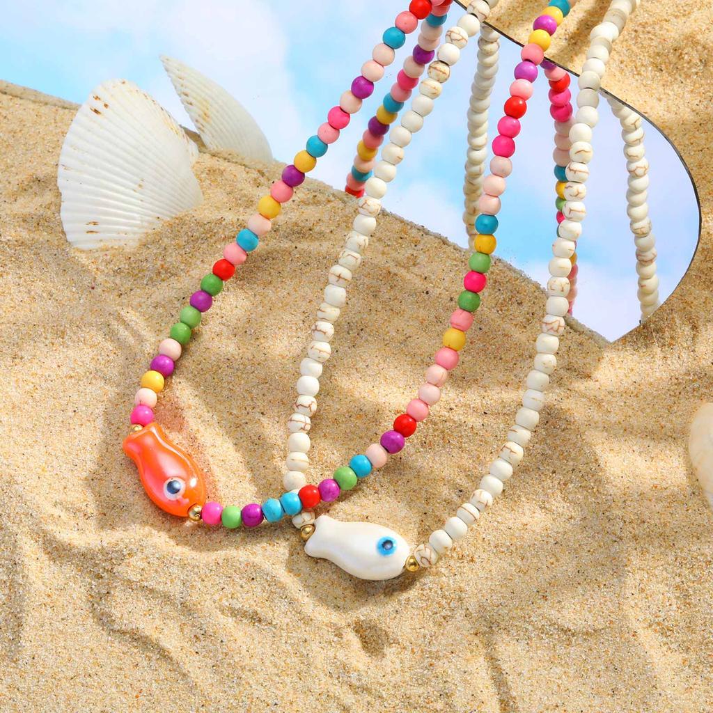Colorful Boho Ceramic Fish Pendant Necklace for Women, Adjustable Woven Rope Choker Beaded Necklace, Summer Beach Party Jewelry