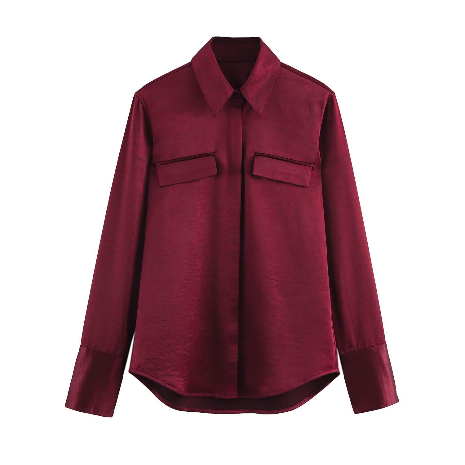 

2025 Spring Collection: Elegant Women s Long-Sleeve Silk Satin Shirt with Pocket Detailing XS багровый