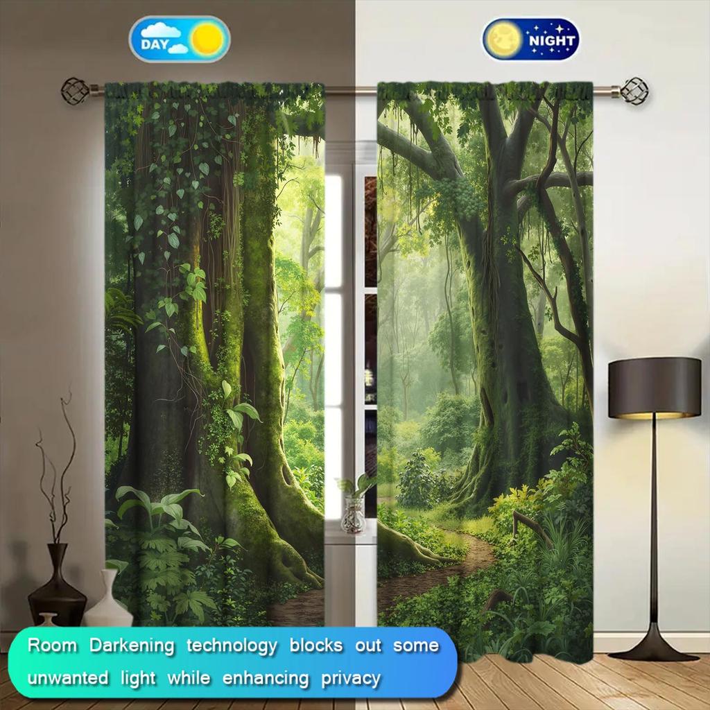 2-Panels Green Primitive Forest Nature Printed Curtains   Shade and Privacy Protection   Suitable for Decorating Various Rooms