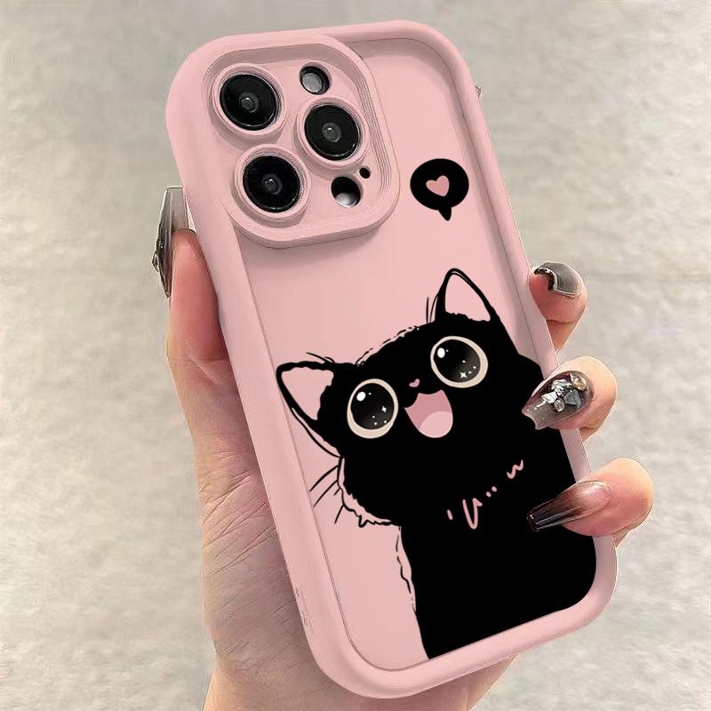 Lovely Black Cat Silicone Case For iPhone 16 15 13 12 11 14 Pro Max Mini 14 16 Plus SE2 8 7 Plus X XS XR Shockproof Back Covers