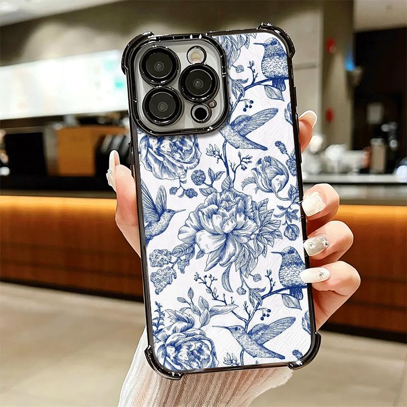 Blue And White Porcelain Pattern Plating Phone Case For Iphone 16 17 Pro Max Air 16E 14 15 Plus 12 13 Mini Anti-Fall Airabag Cov