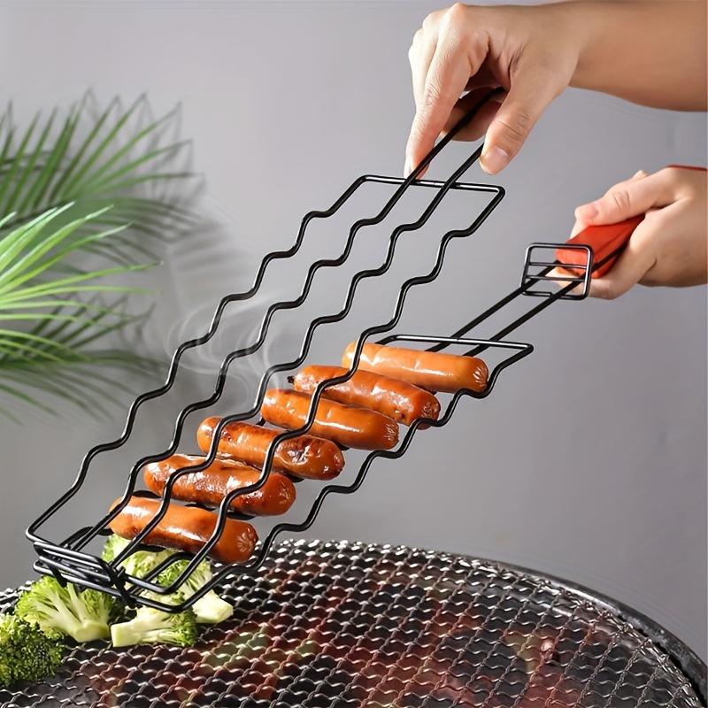 Multifunctional Carbon Steel BBQ Sausage Grilling Basket Outdoor Camping Barbecue Tool With Heat Resistant Handle Meat Sausage