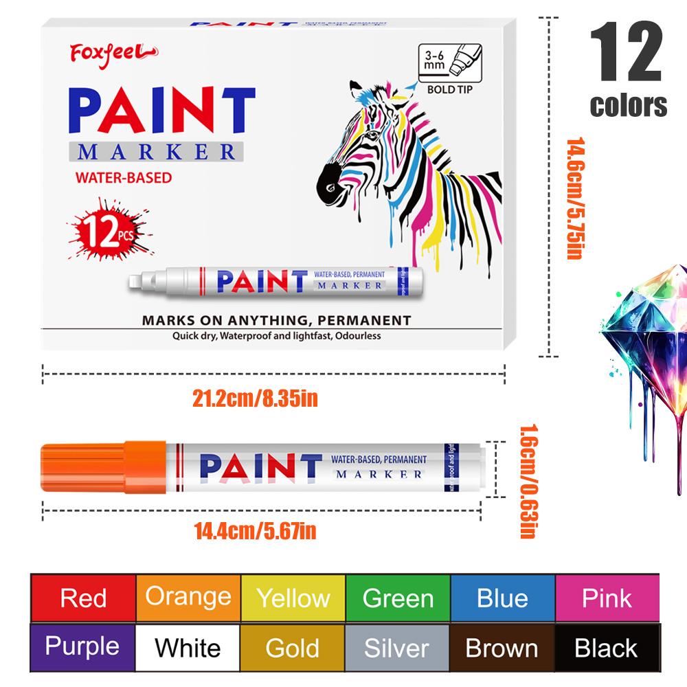 12 Colors Permanent Paint Marker Pen Square 6mm Tip for Fabric and Metal Use Stone Coloring & Refinishing