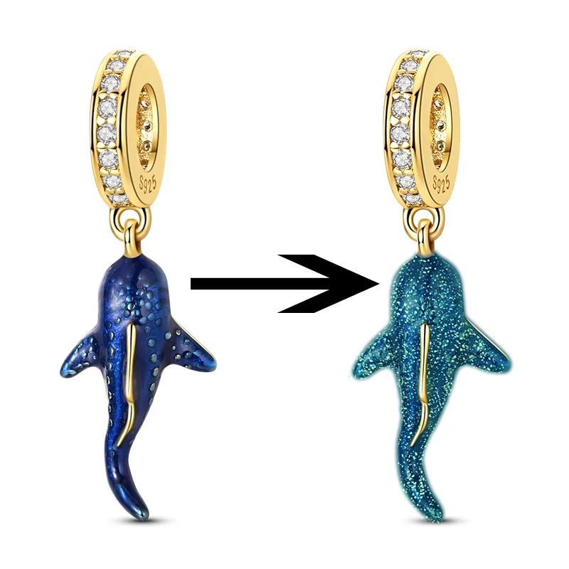 925 Silver Luminous Color-Changing Shark Dangle Charm Animals Pendant Fit Original Bracelet DIY Women Jewelry Gift