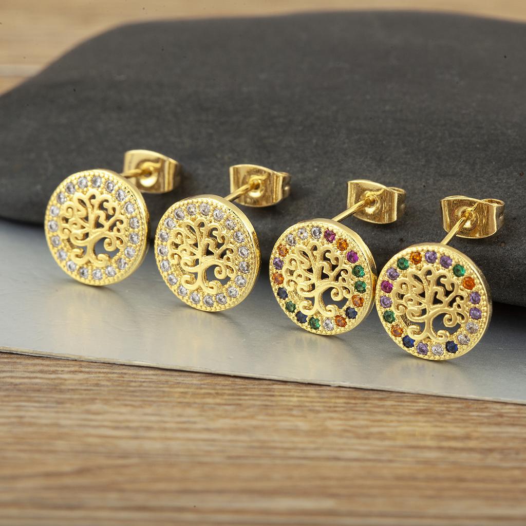 Nidin Classic New Design Copper Shiny Crystal Zircon Lucky Tree Of Life Stud Earrings For Women Fashion Temperament Ear Jewelry