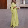 Vestido Longo Feminino Manga Longa Decote V Cintura Marcada Solto Barra Larga Fluido Para Uso Casual Diário
