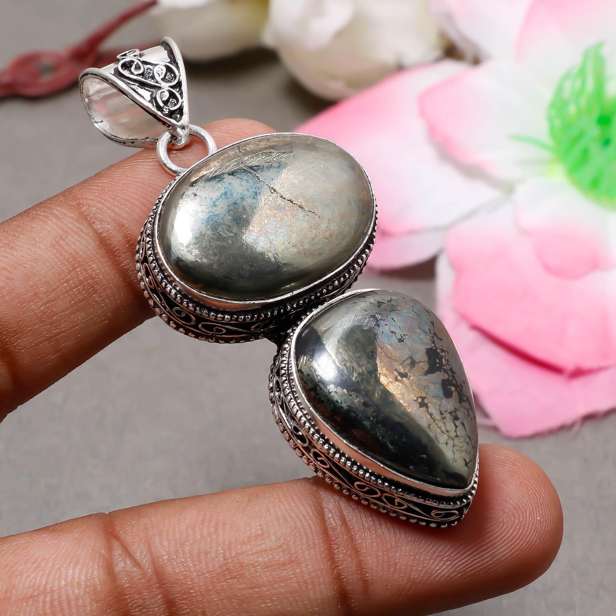 

Gold Pyrite Gemstone 925 Sterling Silver Boho Jewelry Antique Pendant
