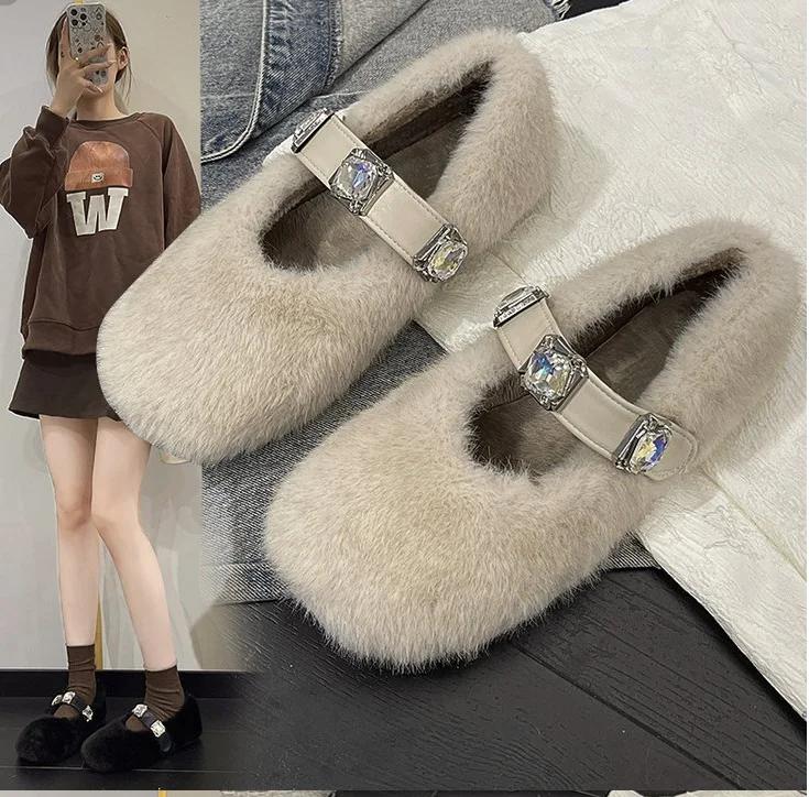 Fashion Shoes Woman 2025 Autumn Crystal Loafers Fur Casual Female Sneakers Square Toe Flats New Fall Rhinestone Comfortable Boat Winter
