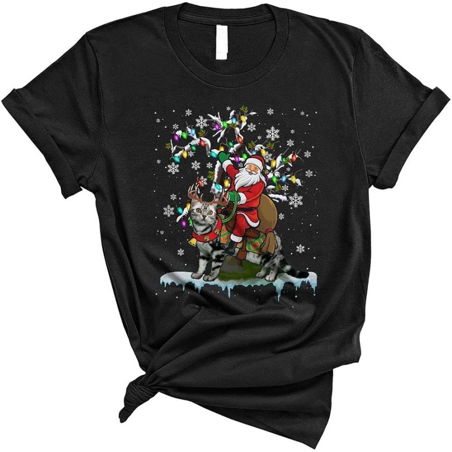 Santa Riding American Shorthair Funny Christmas Tree Santa Riding Cat Reindeer Lover Unisex T-Shirt XXXXXL разноцветный