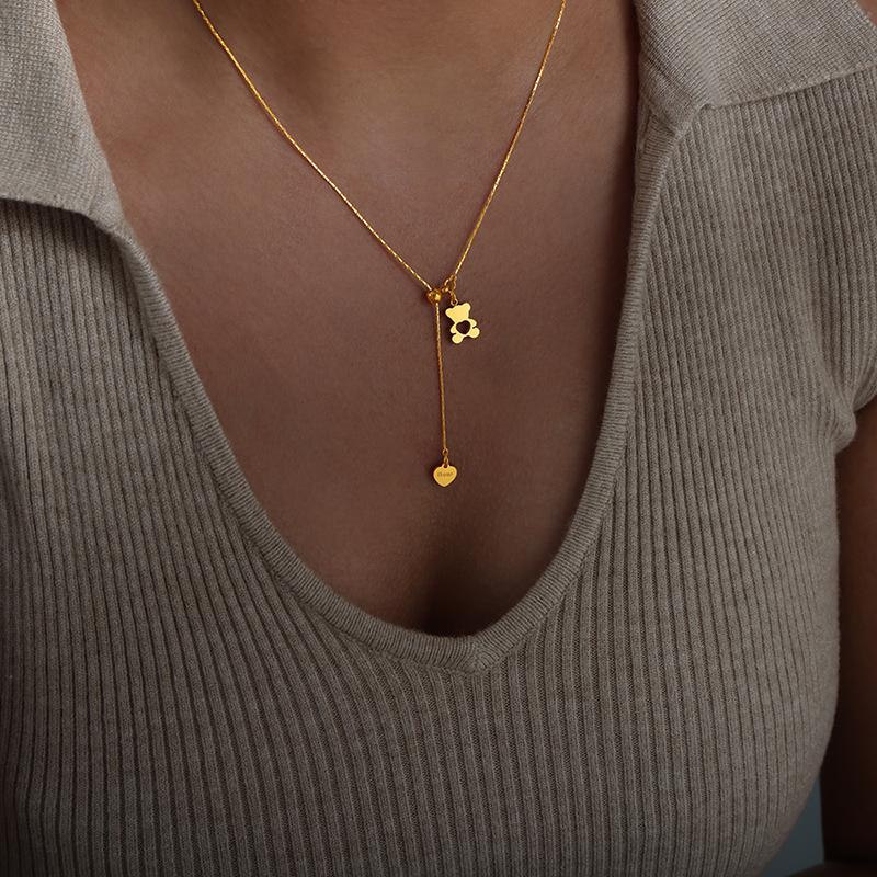 

New Bear Pendant Heart Necklace For Women Stainless Steel Gold Plated Chain Fashion Neck Zircon Accessories Party Gift Sale 45cm золотой