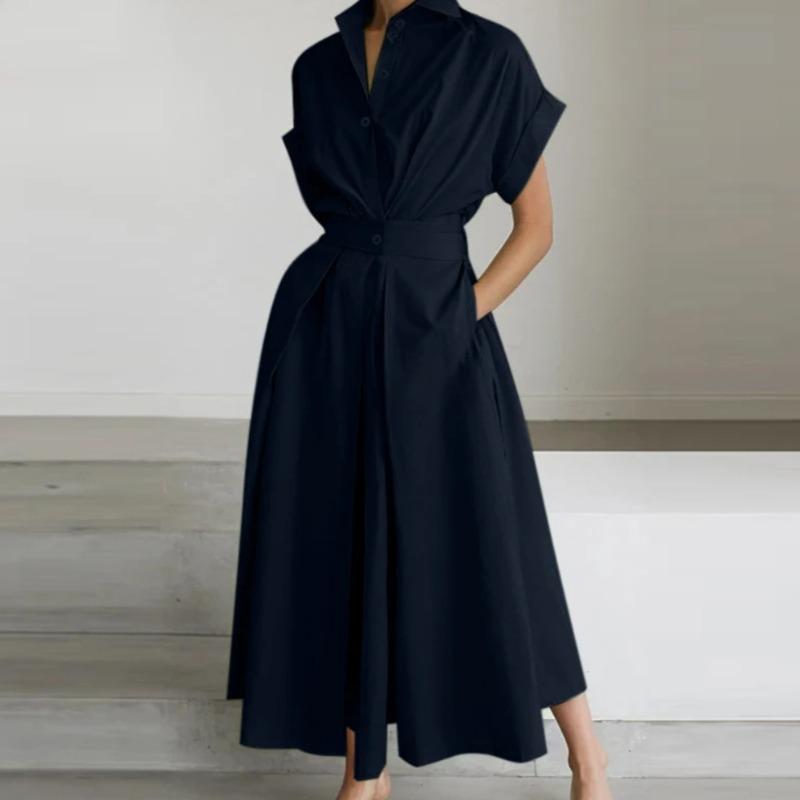 Women's Summer Long Dress Fashion Elegant Turn-down Collar Short Sleeve Casual Dress Women Solid Color A Line Elastic Waist Loose Female Dresses