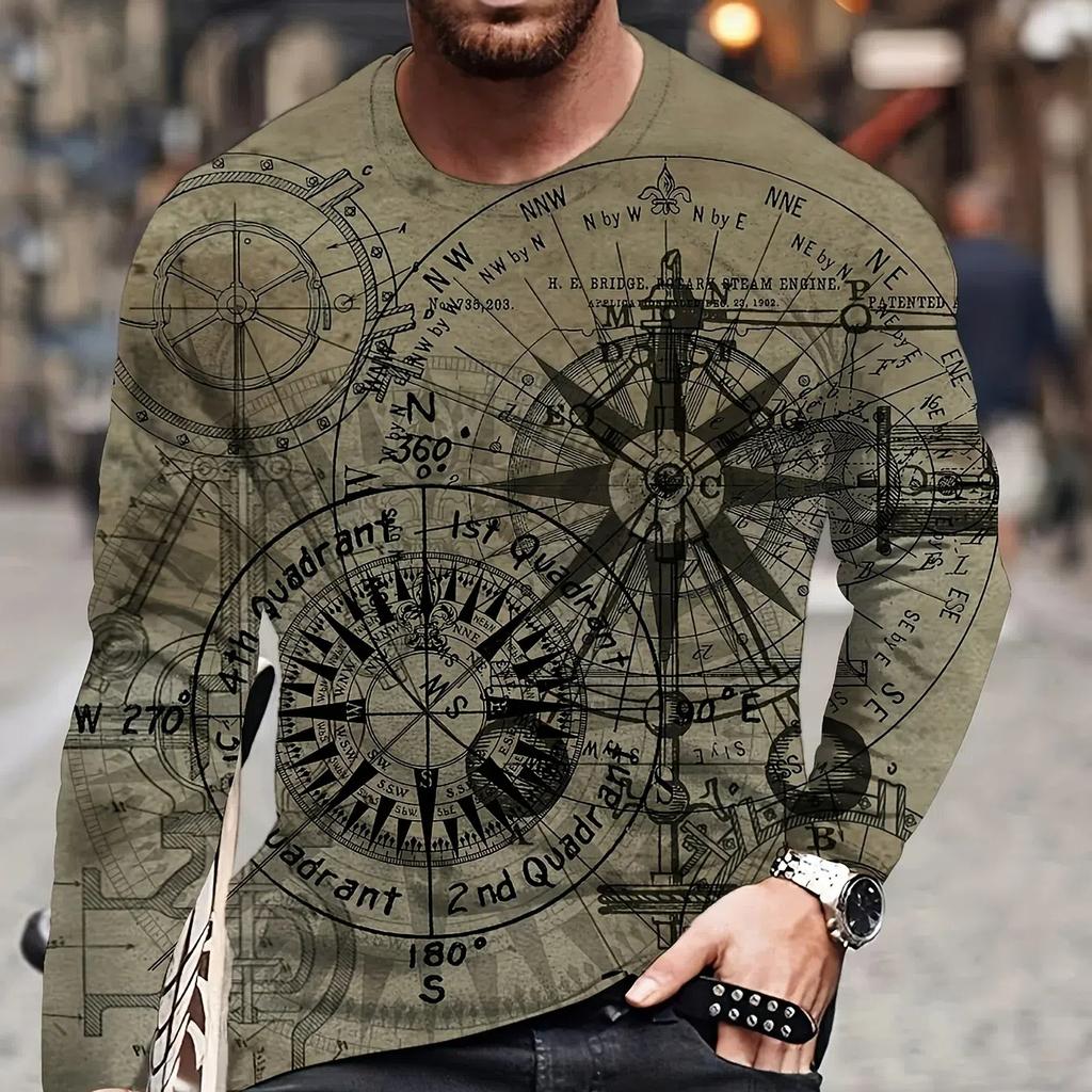 Compression Shirt Vintage Men's O-Neck Long Sleeved T-Shirt Nautical Print Tops Fitness Sunscreen Quick Dry Breathable T Shirts