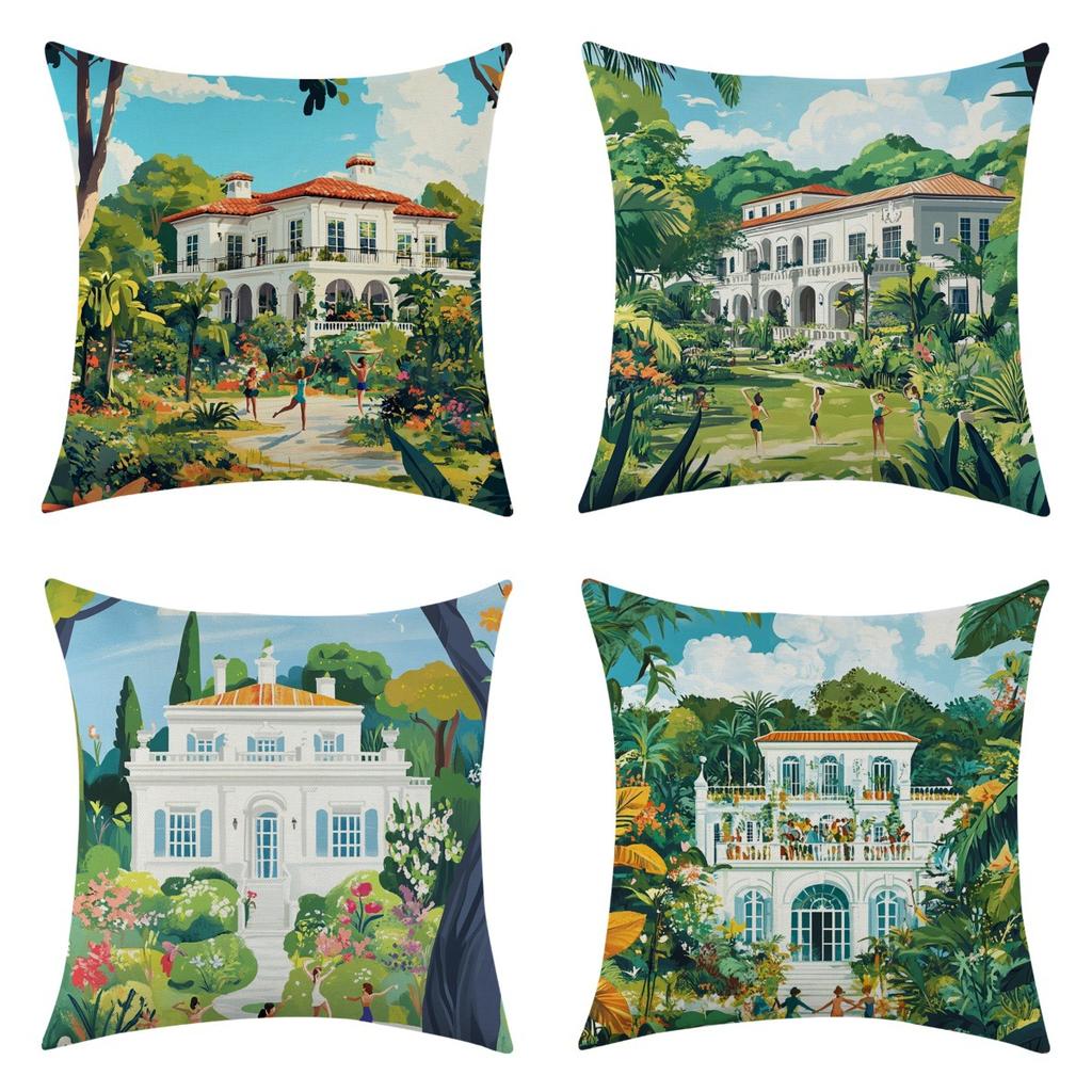 Pastoral fairy tale beauty and the elderly linen throw pillow four-piece set, labeled