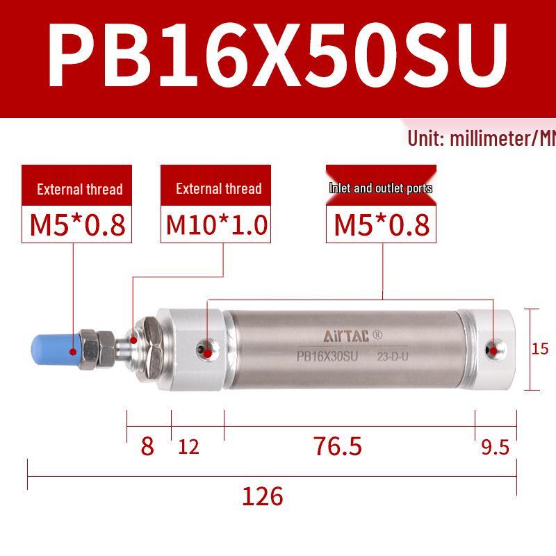 AirTAC Mini Pen-Type Pneumatic Cylinder PB16/10/12/16*10X15X20X50X75SUX100