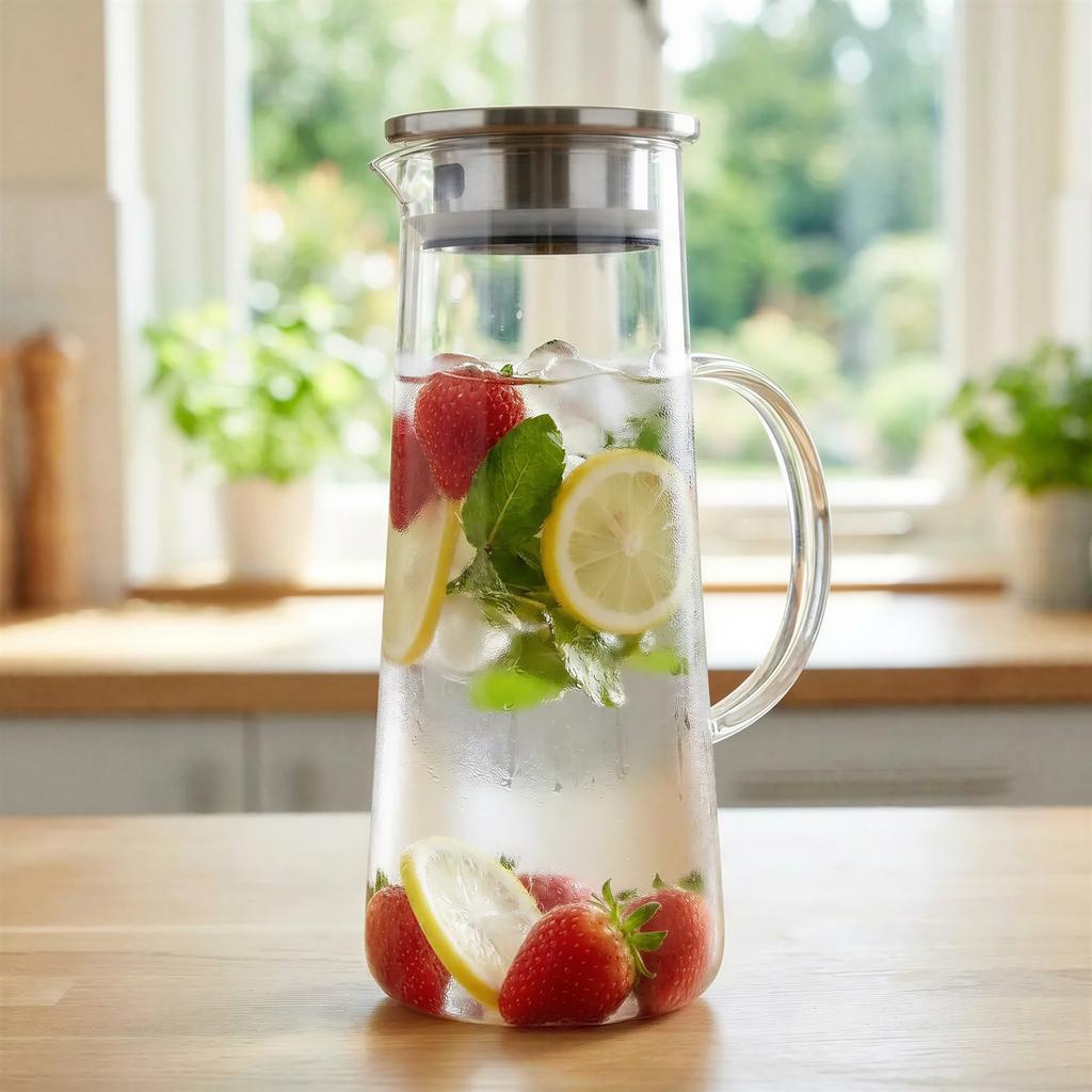 1.3L Glass Jug With Lid For Serving Tea, Water, Juice, Mulled Wine