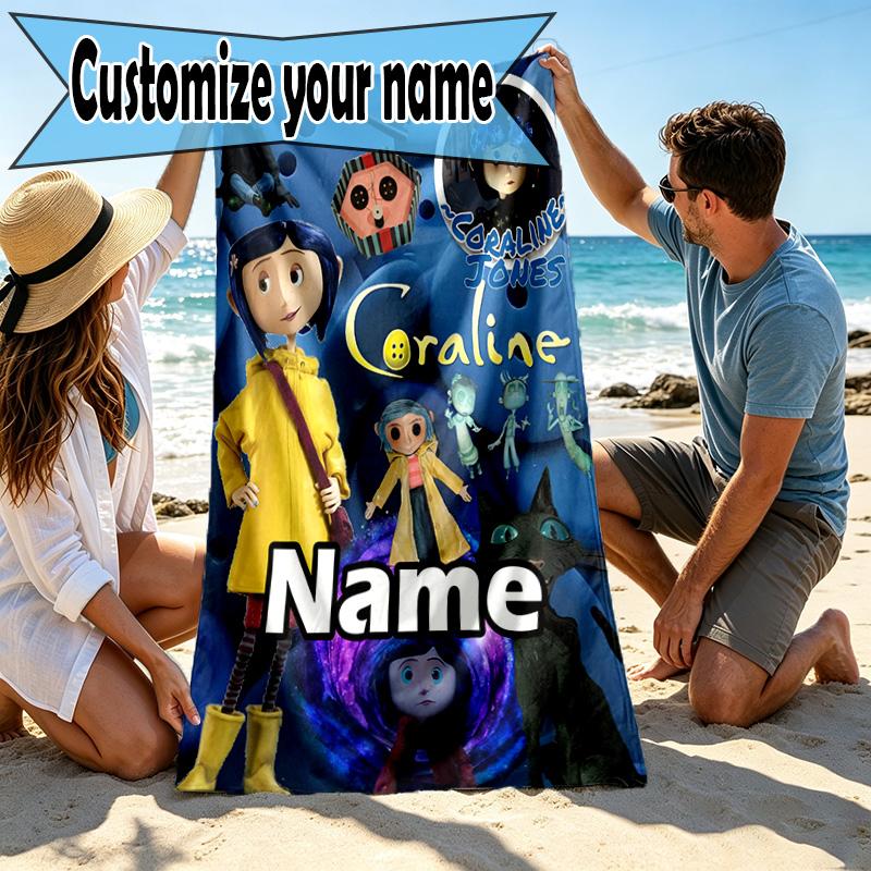 Custom Name Personalized Coraline Print Beach Towel, for Trip Camping Beach Party Home Decor, Birthday Gift for Family & Friends