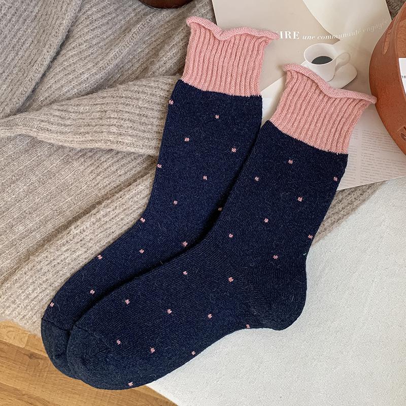 Wool Socks Children'S Stacking Socks Season Fleece Thickened Warm Color Matching Retro Polka Dot Curled Cashmere Medium Tube Socks