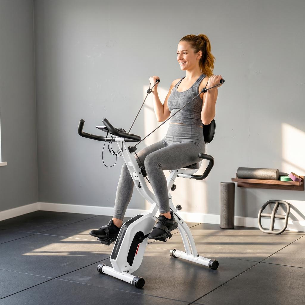 Folding Exercise Bike, Kinomap 3-in-1, Bluetooth, Zwift, 105 x 53.5 x 109 cm, White