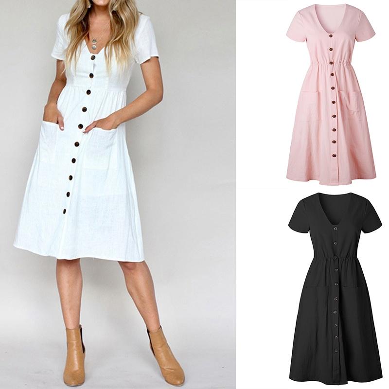 Buy Short Sleeve Vneck Button Down Dress with Pockets at affordable