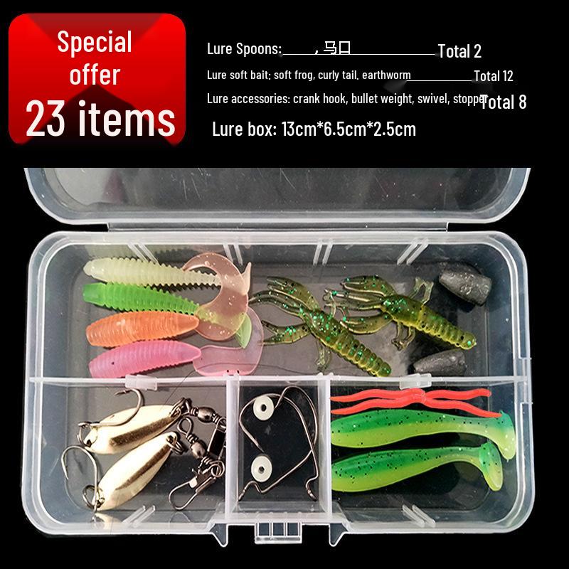 

Набор приманок и наживок: Включает мягкие приманки, блестки, перевернутые лягушки и приманки в виде пескарей.