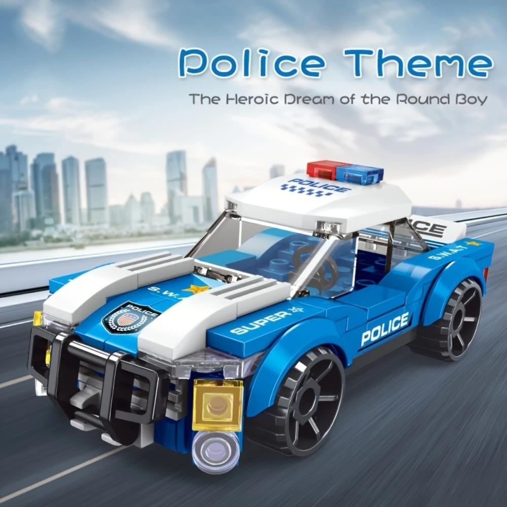 100PCS Blue Police Car Building Blocks Set, Creative Construction DIY Toy, Gift for Kids Boys Children