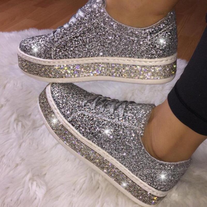 20 spring and summer new sequined lace-up platform casual shoes women's large-size flat-soled running shoes