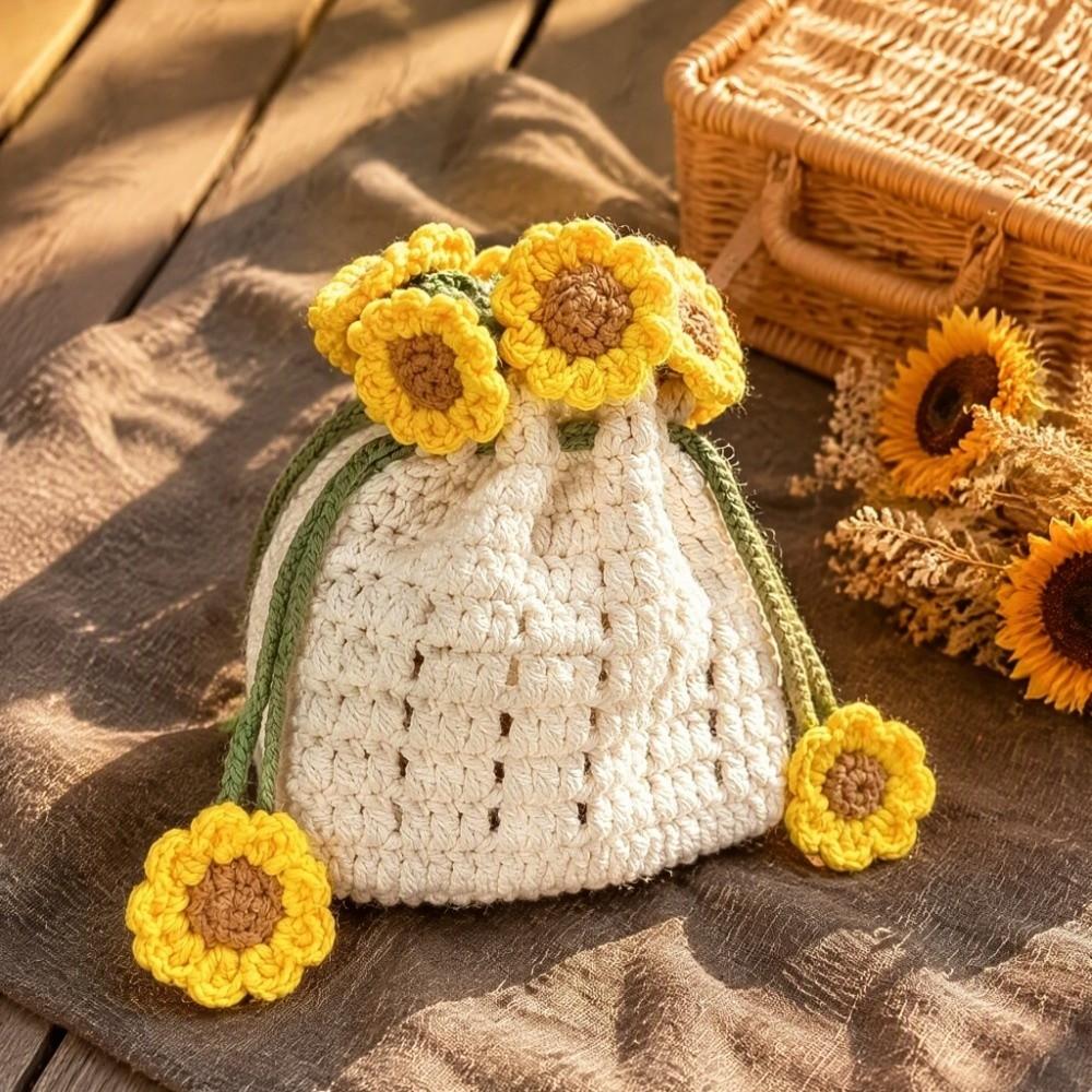 Tie Closure Sunflower Design Organizer Pouch Adjustable Rope Fabric Pouch Daily Outings