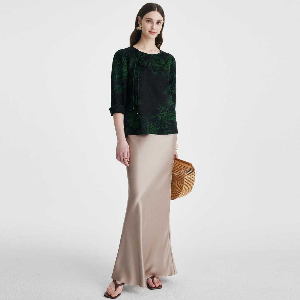 National style fragrant cloud yarn: 100% mulberry silk round neck temperament jacquard anti-aging silk shirt for women