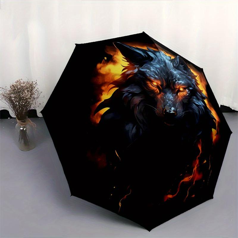 1pc Flaming Wolf Durable Cartoon Folding Umbrella, Portable Compact Umbrella for Men and Women R092