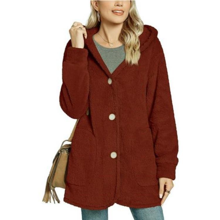 Manteau Long Décontracté en Polaire pour Femme Veste à Capuche Sherpa Oversize avec Poches Bouton Duvet Vêtement d'Extérieur Moelleux