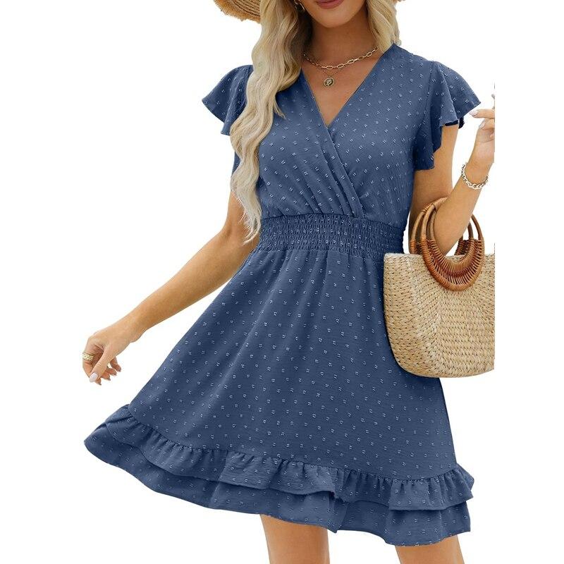 Summer  High Waist White Dress Sweet V-Neck Ruffle Short Sleeve Dot Dress Casual Cotton Linen Beach Mini Dress Vestidos 25628