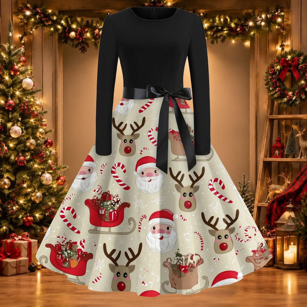 Women's Casual Vintage Christmas Print Neck Dress